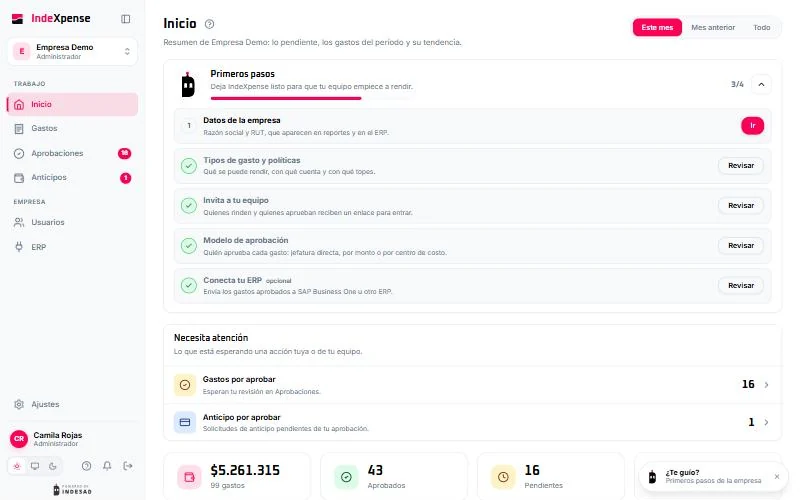 IndeXpense portal on desktop: work and company menu, with today’s information